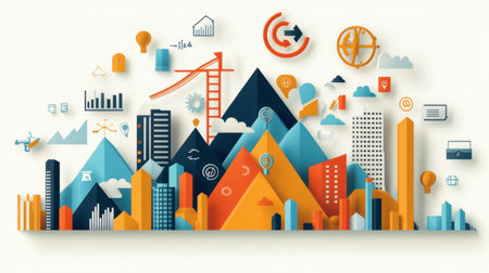 Colorful abstract illustration combining urban skyline and mountain scenery, showcasing various business icons and graphs related to growth and innovation in a vibrant cityscape.の素材