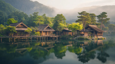 A serene scene featuring traditional wooden houses by a calm lake, reflecting lush greenery and misty mountains, creating a peaceful atmosphere in nature.の素材