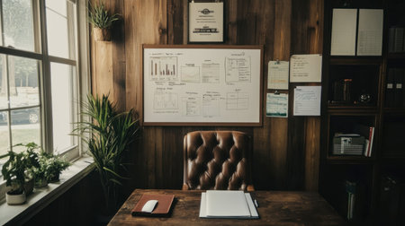 This image captures a stylish office space with wooden features, a cozy chair, and a whiteboard filled with charts, ideal for promoting productivity and creativity in any work setting.の素材