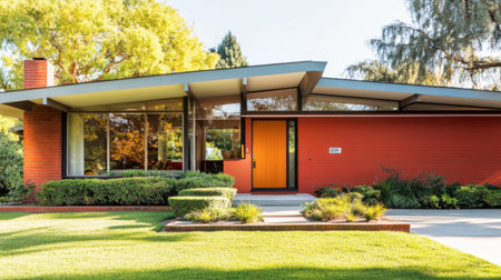 A stunning modern home with a vibrant orange door, surrounded by lush greenery and a well-maintained landscape, embodies contemporary residential design in a serene setting.の素材