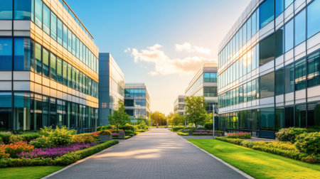 A stunning view of modern glass buildings with green landscaping and vibrant flowers, showcasing a tranquil corporate environment under a clear blue sky.の素材