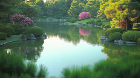 Immerse in the beauty of a tranquil Japanese garden featuring a serene pond, lush greenery, vibrant pink blossoms, and a peaceful atmosphere perfect for relaxation.の素材