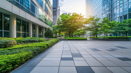A serene urban landscape featuring a clean pathway bordered by lush greenery and sleek modern buildings, bathed in the warm glow of sunlight, perfect for outdoor relaxation.の素材