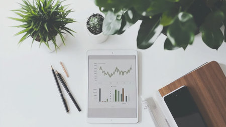 A clean and modern workspace featuring a tablet with financial charts surrounded by plants and stationery, ideal for enhancing productivity and creativity in business planning.の素材
