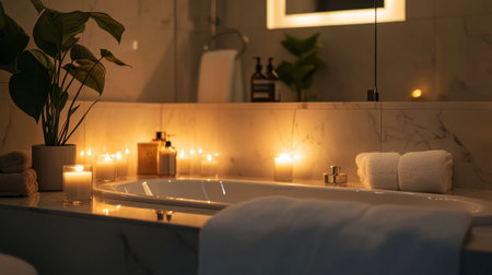 A peaceful bathroom scene featuring a relaxing bath tub lit by soft candlelight, plush towels, and elegant greenery, creating a soothing ambiance for ultimate self-care.の素材