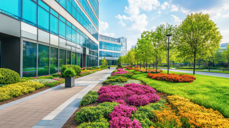 A stunning urban scene showcasing vibrant flower beds alongside modern office buildings under a clear sky, creating a refreshing business district atmosphere.の素材