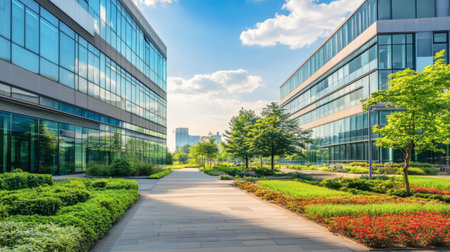 A vibrant urban office park featuring modern glass buildings, lush green landscaping, and sunlight illuminating a peaceful pathway, creating a serene urban atmosphere.の素材
