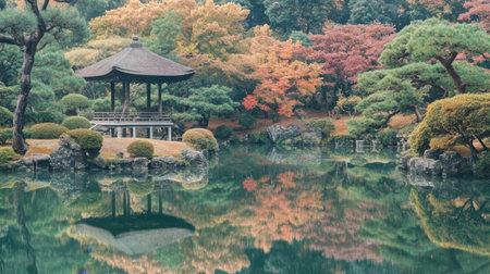 Experience serenity in this stunning Japanese garden featuring vibrant autumn colors reflecting in a calm pond, complemented by traditional architecture and lush greenery.の素材