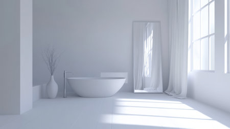 Bright and tranquil bathroom featuring a freestanding bathtub, large windows with flowing curtains, and minimalist decor that promotes relaxation and well-being.の素材