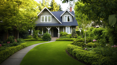 Beautiful gray house nestled in a vibrant garden with a manicured lawn and colorful flowers, creating a welcoming atmosphere in a peaceful suburban setting.の素材