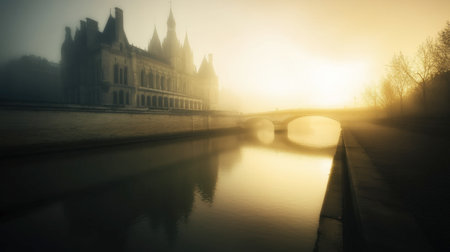 A mystical scene capturing a historic castle at sunrise, surrounded by gentle mist and a tranquil river, creating an enchanting atmosphere perfect for inspiration and travel.の素材