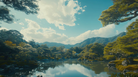 A picturesque landscape featuring a tranquil lake surrounded by lush trees and majestic mountains, illuminated by soft sunlight under a bright blue sky with fluffy clouds.の素材