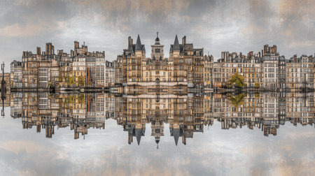 Breathtaking view of historic buildings reflected on calm water, showcasing elegant architecture and serene ambiance, perfect for travel and urban landscape enthusiasts.の素材