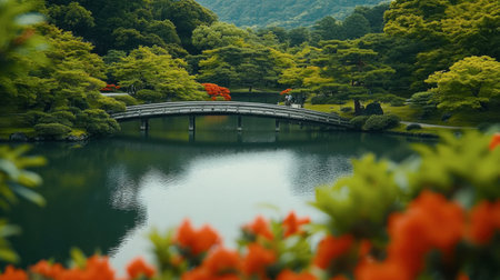 Discover a tranquil Japanese garden featuring lush greenery, vibrant flowers, and a picturesque bridge over a calm pond, inviting peace and relaxation in nature.の素材