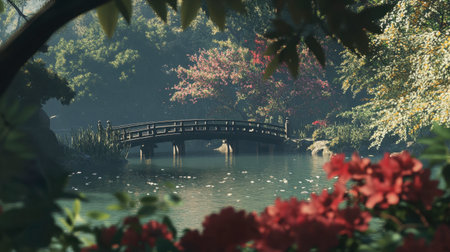 A serene Japanese garden scene featuring a wooden bridge over still water, surrounded by vibrant trees and blossoms, creating a calming atmosphere in soft morning light.の素材