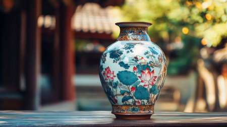 A stunning porcelain vase featuring intricate floral designs in vibrant colors, elegantly positioned in a serene garden setting, capturing the essence of craftsmanship and beauty.の素材