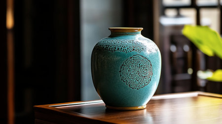 A stunning turquoise ceramic vase featuring an intricate design, thoughtfully placed on a wooden table, enhancing any space with its beauty and elegance.の素材