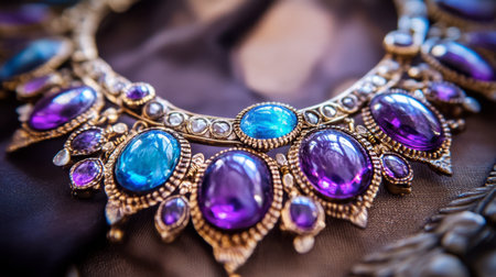 A captivating vintage necklace adorned with stunning blue and purple gemstones, showcasing exquisite craftsmanship and elegant detailing, perfect for jewelry lovers and fashion enthusiasts.の素材
