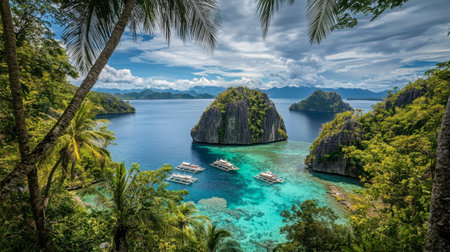 Discover the breathtaking beauty of El Nido, Palawan, featuring stunning limestone formations, crystal-clear waters, and vibrant greenery, perfect for nature lovers and adventurers.の素材