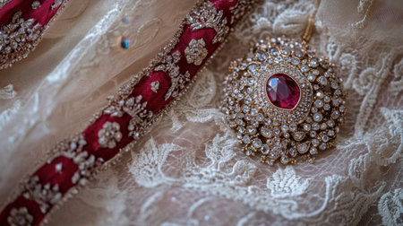 Stunning bridal jewelry featuring a ruby pendant and intricate details displayed on luxurious fabric, perfect for showcasing elegance and tradition in wedding festivities.の素材