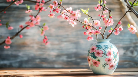 A charming arrangement of delicate cherry blossom branches in a vintage vase, set on a wooden table. This image captures the essence of spring with soft light and pastel hues.の素材