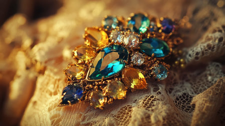 A stunning close-up view of a vintage brooch showcasing brilliant gemstones in blue, yellow, and clear hues set against delicate lace, perfect for capturing elegance and charm.の素材