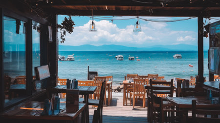 Experience the breathtaking view from this coastal restaurant offering a serene atmosphere and stunning backgrounds of blue waters and distant mountains perfect for relaxation and dining.の素材