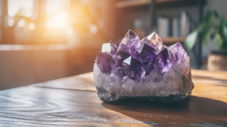 Captivating amethyst crystal cluster showcases vibrant purple hues, beautifully illuminated by warm sunlight, creating a serene and elegant interior atmosphere.の素材