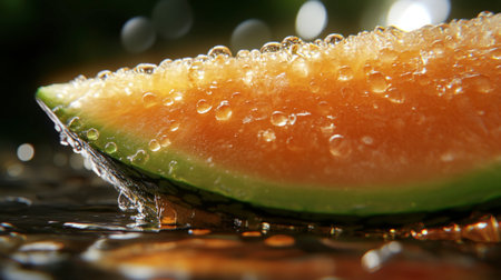 A striking close-up of a ripe melon slice adorned with sparkling water droplets, capturing the essence of freshness and the joy of summer. Perfect for food enthusiasts.の素材