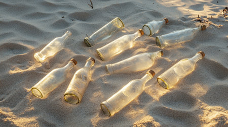 A captivating arrangement of clear glass bottles scattered on a sandy beach, illuminated by sunlight, evoking a sense of tranquility and connection to nature.の素材