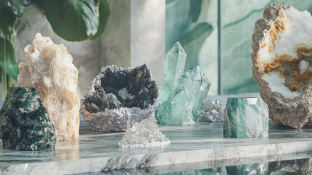 A captivating arrangement of various natural crystals and stones showcasing unique textures and colors, enhancing a modern and serene interior space, perfect for decor enthusiasts.の素材