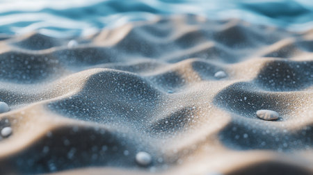 A serene close-up of textured sand with gentle ocean waves in the background, showcasing the beauty of nature's patterns and light reflections on a peaceful beach.の素材