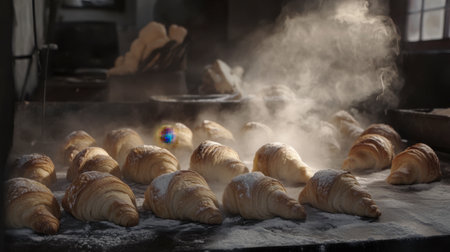 A mesmerizing view of freshly baked croissants resting on a wooden table, surrounded by flour dust and steam, capturing the charm of a rustic bakery environment.の素材
