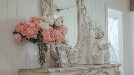 A stunning floral display featuring pink and white peonies in a glass vase, perfectly complemented by an ornate mirror, creating a chic and elegant home atmosphere.の素材