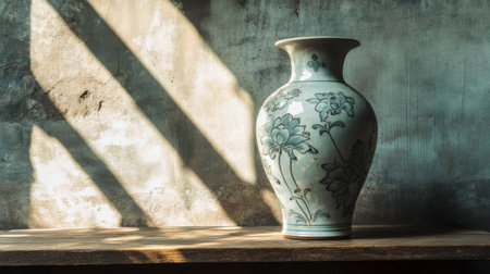 A stunning porcelain vase adorned with floral designs, casting beautiful shadows on a textured wall, creating a tranquil and artistic atmosphere in any space.の素材