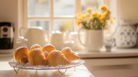 A beautiful display of freshly baked croissants sits on a cooling rack, enhanced by soft morning light that streams through the window, set in a cozy kitchen.の素材
