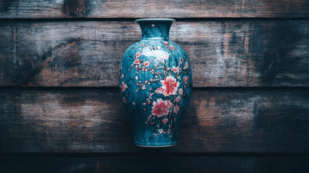 Captivating blue vase adorned with cherry blossom designs rests against rustic wood, showcasing exceptional craftsmanship and elegance for home decor or artistic displays.の素材