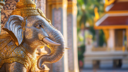 This stunning image features a detailed golden elephant statue, beautifully positioned in a temple setting, highlighting cultural significance and exquisite artistic craftsmanship.の素材