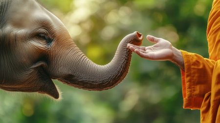 This captivating image illustrates a touching encounter between an elephant and a monk, showcasing a moment of connection and harmony in a lush natural setting.の素材