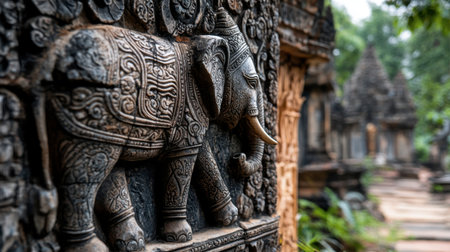 Discover a beautifully detailed stone carving of an elephant set against lush greenery, showcasing ancient artistry and cultural heritage in a tranquil temple environment.の素材