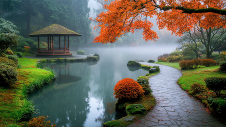 A serene Japanese garden enveloped in mist, showcasing vibrant autumn colors, a peaceful pond, and a winding stone pathway, perfect for a tranquil escape.の素材