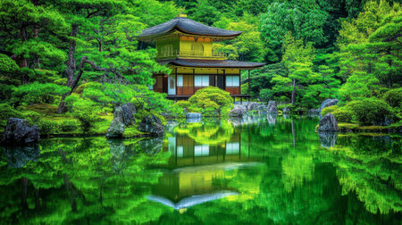 Experience the tranquility of a beautiful Japanese garden featuring a stunning golden pavilion reflecting on serene waters, surrounded by lush greenery and vibrant nature.の素材