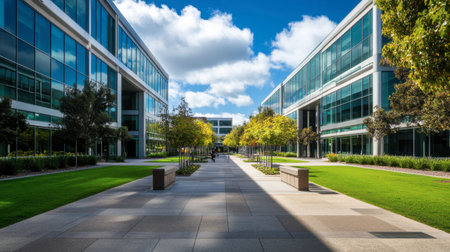 This image features a modern corporate office landscape with green spaces, clear blue skies, and contemporary buildings, offering a serene and professional atmosphere.の素材