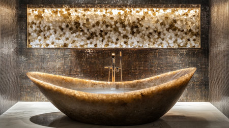 A stunning stone bathtub creates a serene spa-like atmosphere with a glowing backlit wall of decorative stones, ideal for a calming and stylish bathroom retreat.の素材