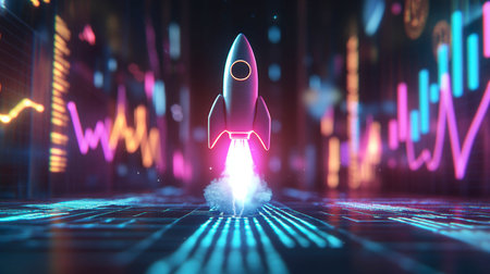A vibrant depiction of a rocket launching amidst colorful data visuals, representing technological growth, innovation, and market trends in a dynamic digital landscape.の素材