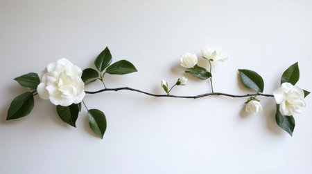 This elegant white flower branch with lush green leaves creates a serene atmosphere. Ideal for nature, floral themes, or wedding details, it captures beauty and freshness in a minimal design.の素材
