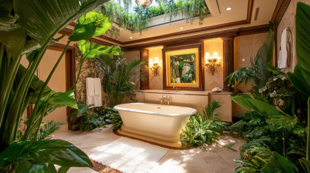 A serene indoor bathroom with lush greenery, featuring a vintage freestanding bathtub and elegant decorative elements, perfect for a relaxing oasis at home.の素材