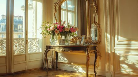 A beautifully styled room featuring an ornate vintage mirror, an elegant table adorned with fresh flowers, bathed in warm sunlight, perfect for interior decor inspiration.の素材