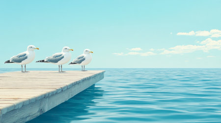 Three seagulls perched on a wooden dock against a backdrop of a serene blue ocean and a clear sky, perfect for capturing the essence of nature and coastal beauty.の素材