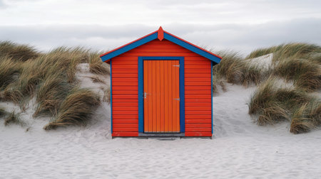 A vibrant beach hut in bright orange and blue stands on sandy dunes beneath a cloudy sky, evoking feelings of tranquility and coastal charm ideal for holidays and relaxation.の素材